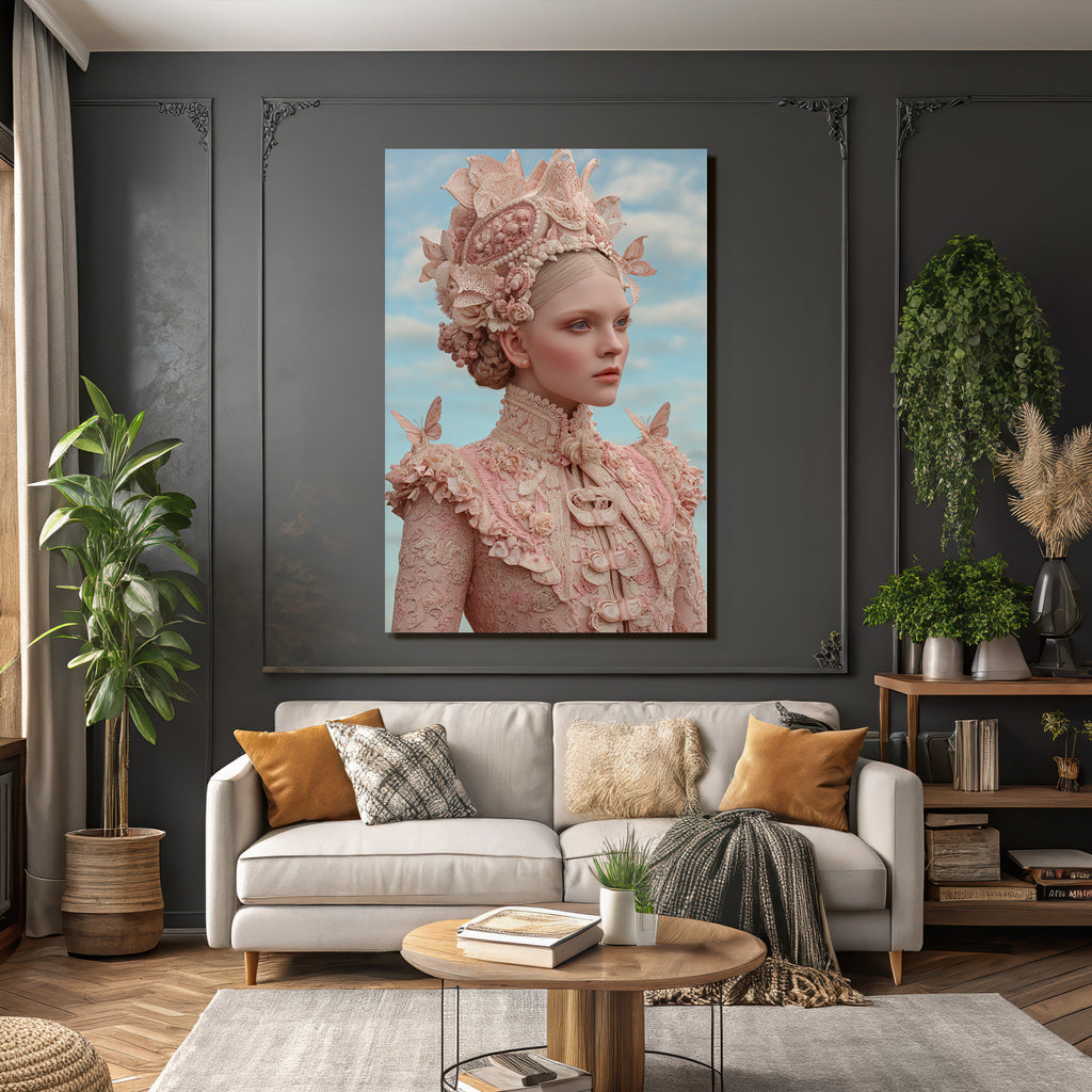 Young Woman Fantasy Fashion Flowers Lace Pattern Pink Sky