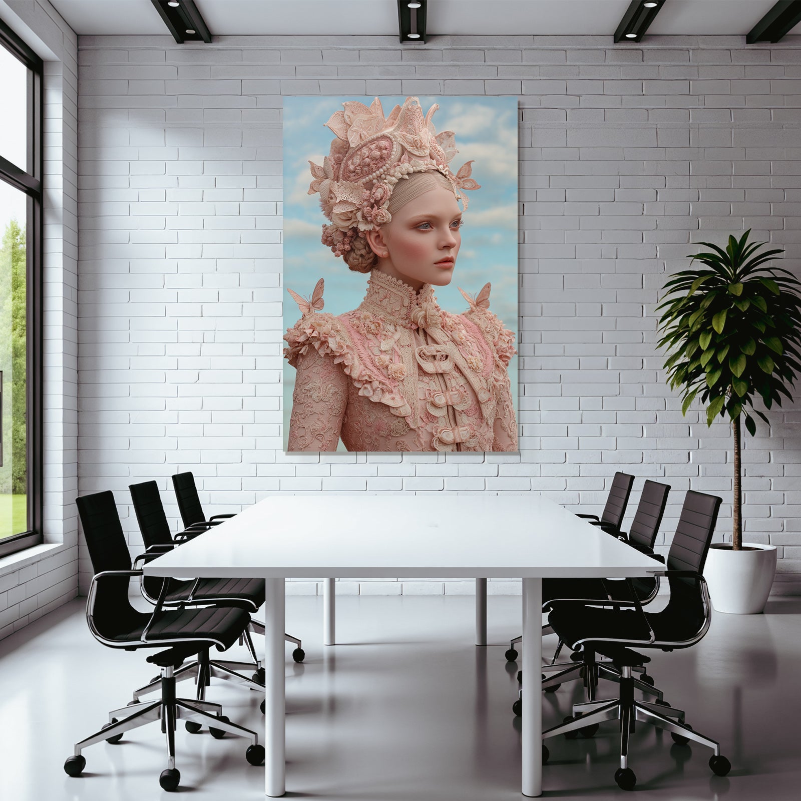 Junges Frau Fantasy Mode Blumen Lace Muster Rosa Himmel