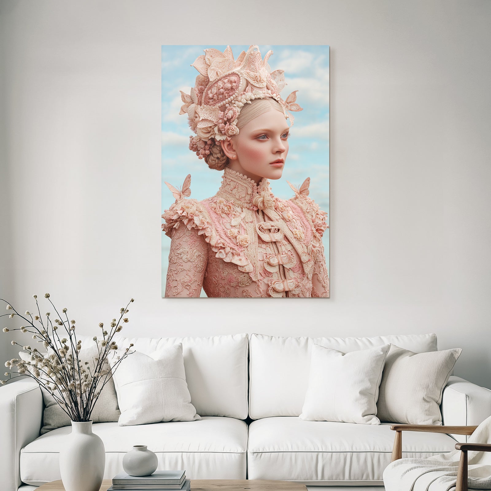 Junges Frau Fantasy Mode Blumen Lace Muster Rosa Himmel