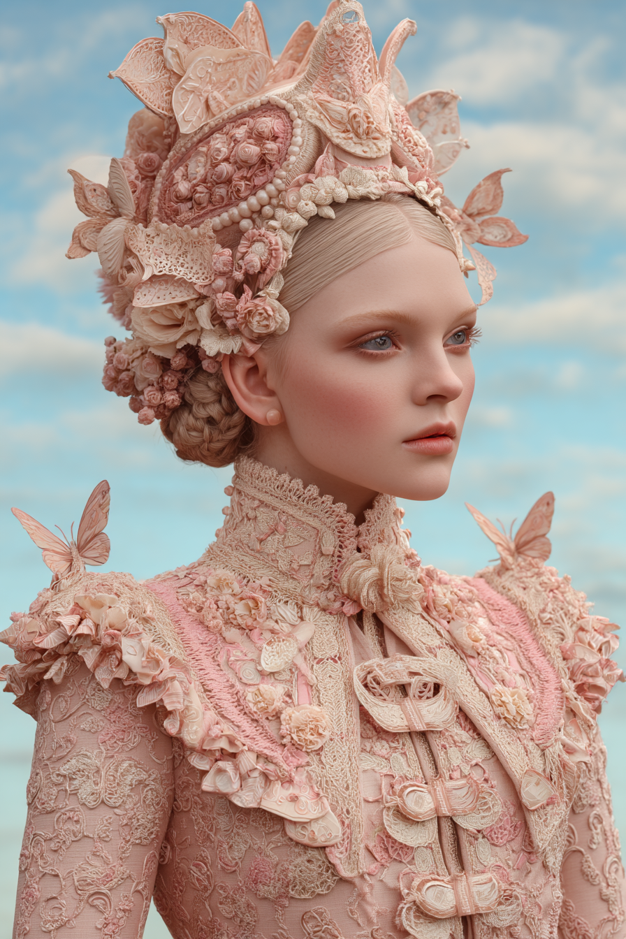 Junges Frau Fantasy Mode Blumen Lace Muster Rosa Himmel | Digital Art | Kunstgattungen