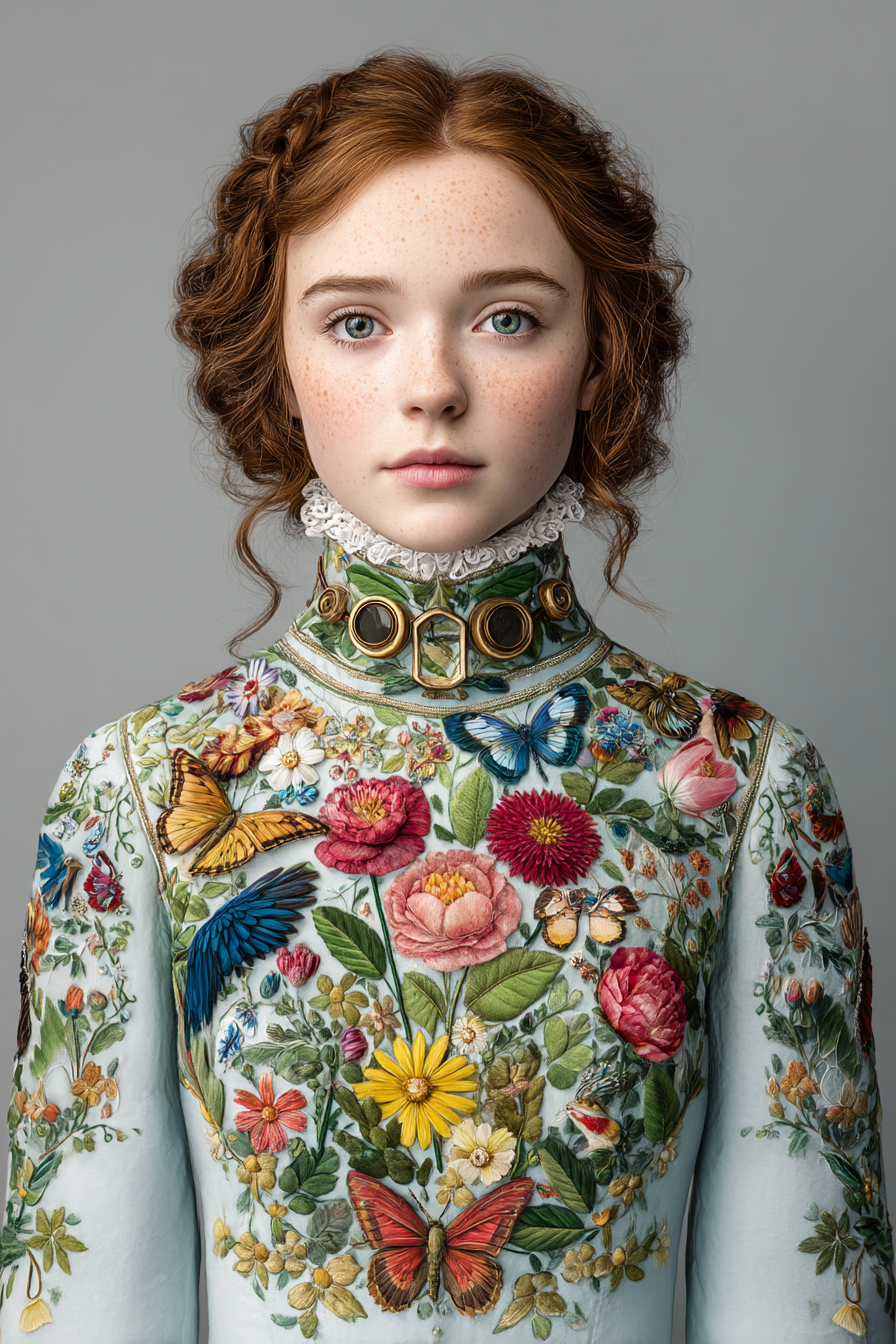 Junges Maedchen Mit Rotem Haar Freckles Und Bunt Besticktem Kleid | Digital Art | Kunstgattungen
