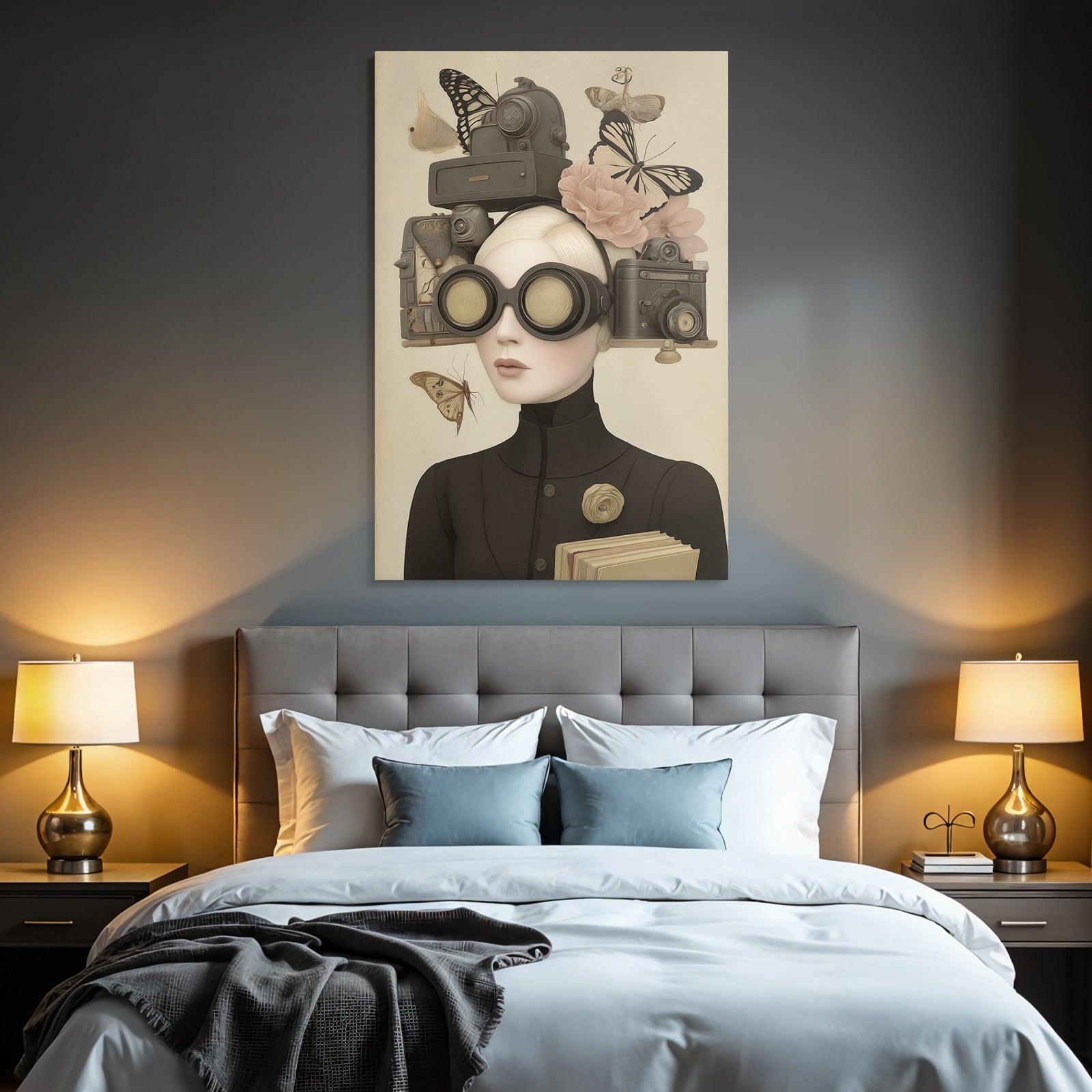 Kreative Person Mit Grossen Goggles Umgeben Von Kameras Blumen Und Schmetterlingen