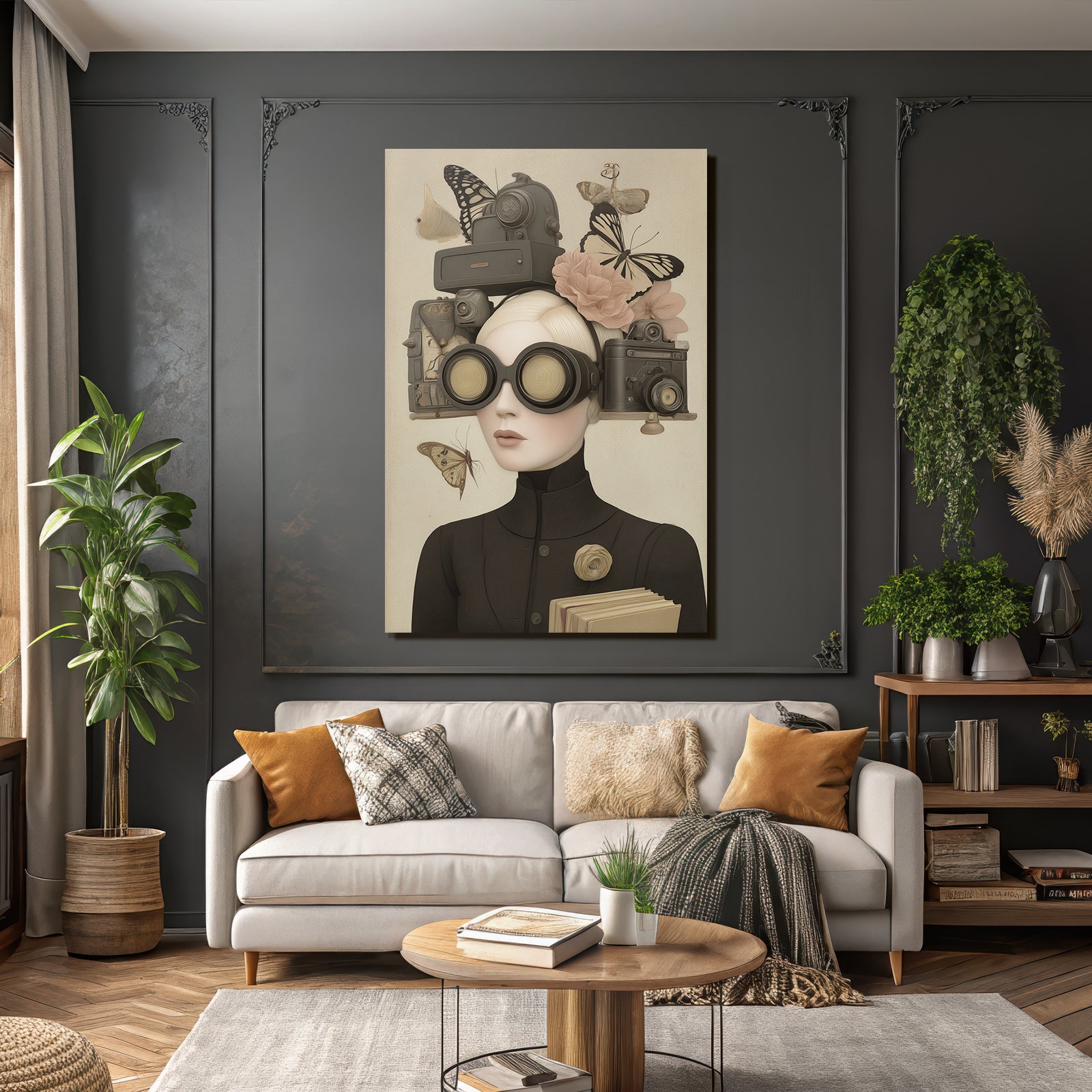 Kreative Person Mit Grossen Goggles Umgeben Von Kameras Blumen Und Schmetterlingen