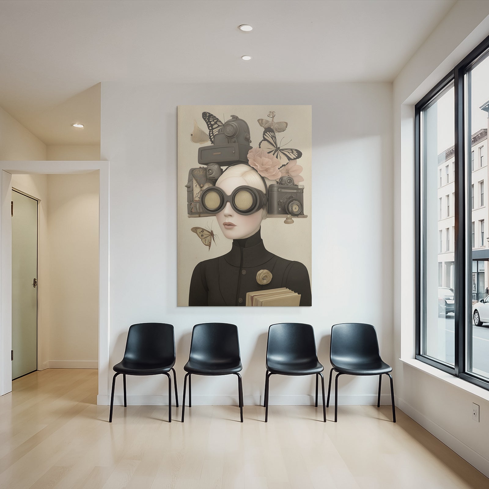 Kreative Person Mit Grossen Goggles Umgeben Von Kameras Blumen Und Schmetterlingen