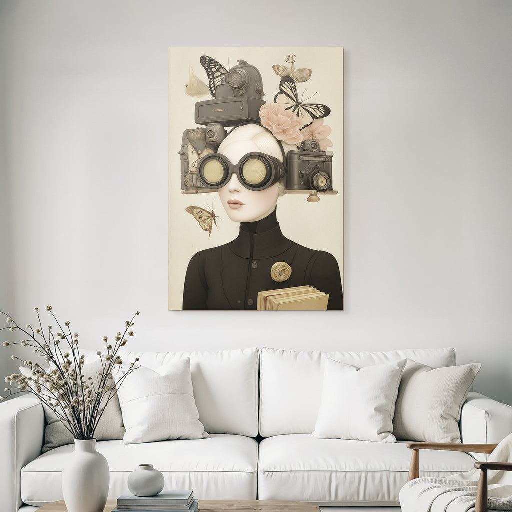 Kreative Person Mit Grossen Goggles Umgeben Von Kameras Blumen Und Schmetterlingen