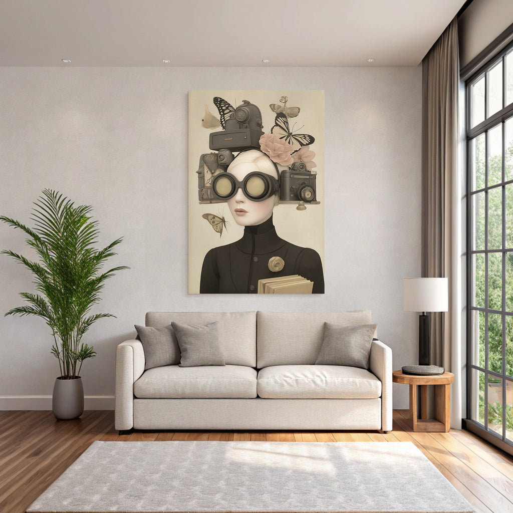 Kreative Person Mit Grossen Goggles Umgeben Von Kameras Blumen Und Schmetterlingen