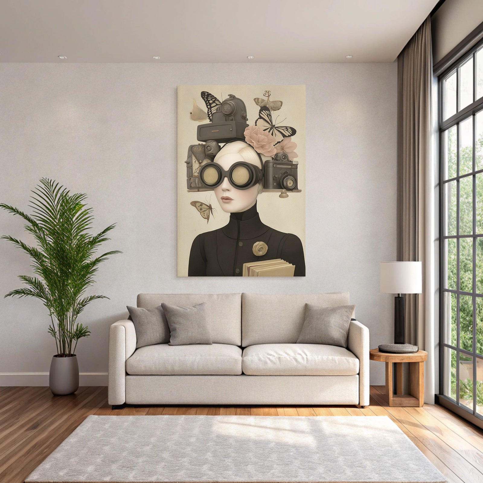 Kreative Person Mit Grossen Goggles Umgeben Von Kameras Blumen Und Schmetterlingen