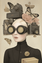 Kreative Person Mit Grossen Goggles Umgeben Von Kameras Blumen Und Schmetterlingen | Digital Art | Kunstgattungen