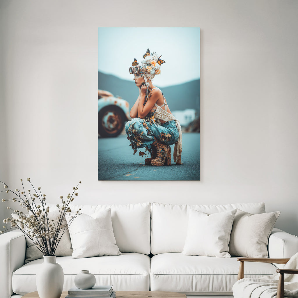 Kreativer Modestil Mit Blumen Und Butterflies Im Freien Mit Altfahrzeugen