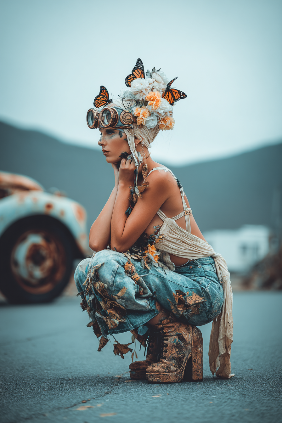 Kreativer Modestil Mit Blumen Und Butterflies Im Freien Mit Altfahrzeugen | Digital Art | Kunstgattungen