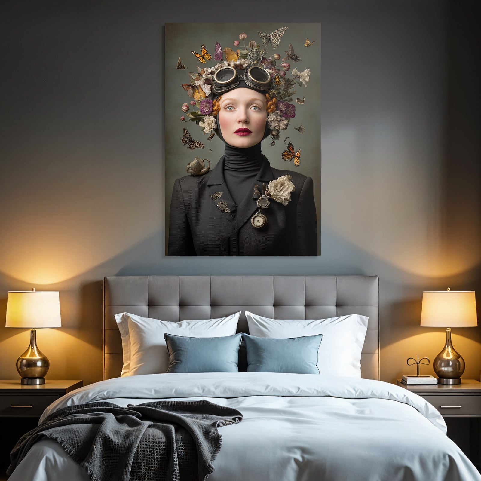 Kreatives Surrealistisches Portrait Von Frau Mit Blumen Headdress Und Flugzeugen