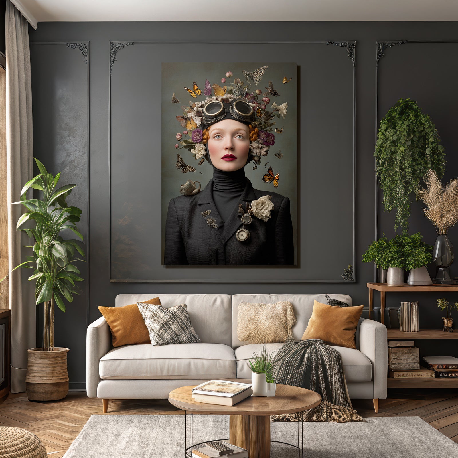 Kreatives Surrealistisches Portrait Von Frau Mit Blumen Headdress Und Flugzeugen