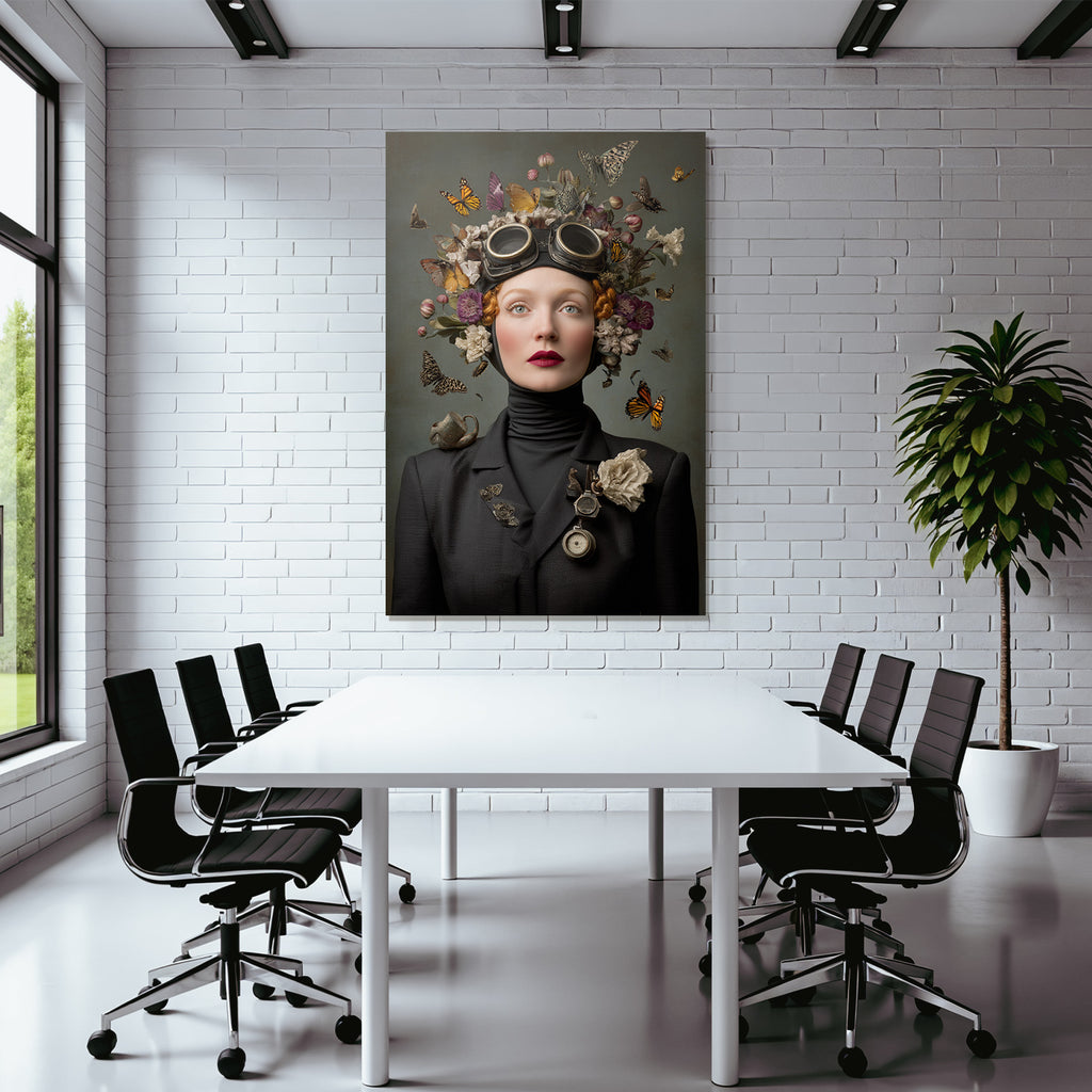 Kreatives Surrealistisches Portrait Von Frau Mit Blumen Headdress Und Flugzeugen