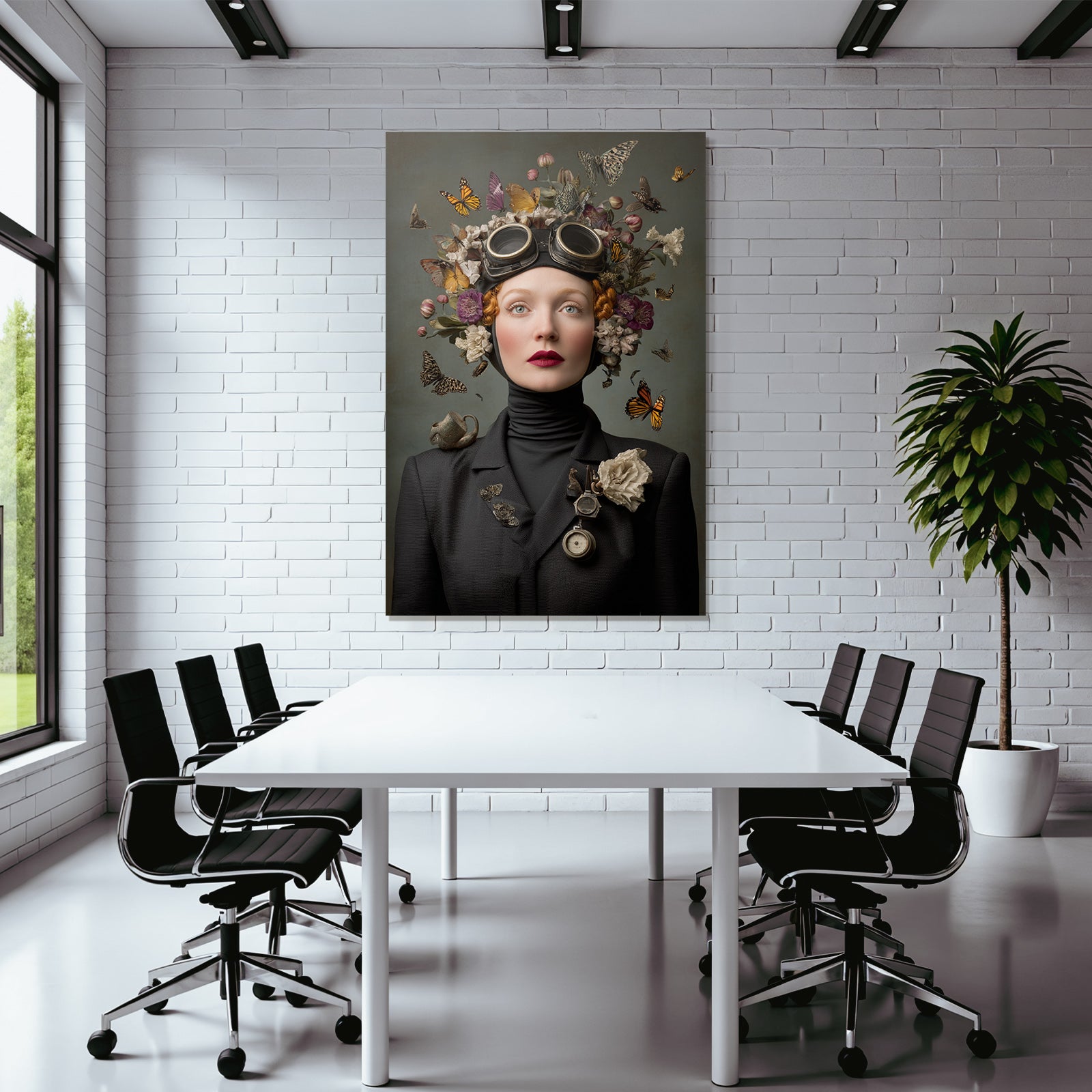 Kreatives Surrealistisches Portrait Von Frau Mit Blumen Headdress Und Flugzeugen