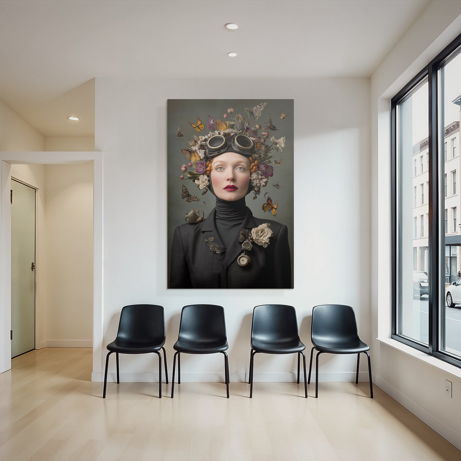 Kreatives Surrealistisches Portrait Von Frau Mit Blumen Headdress Und Flugzeugen