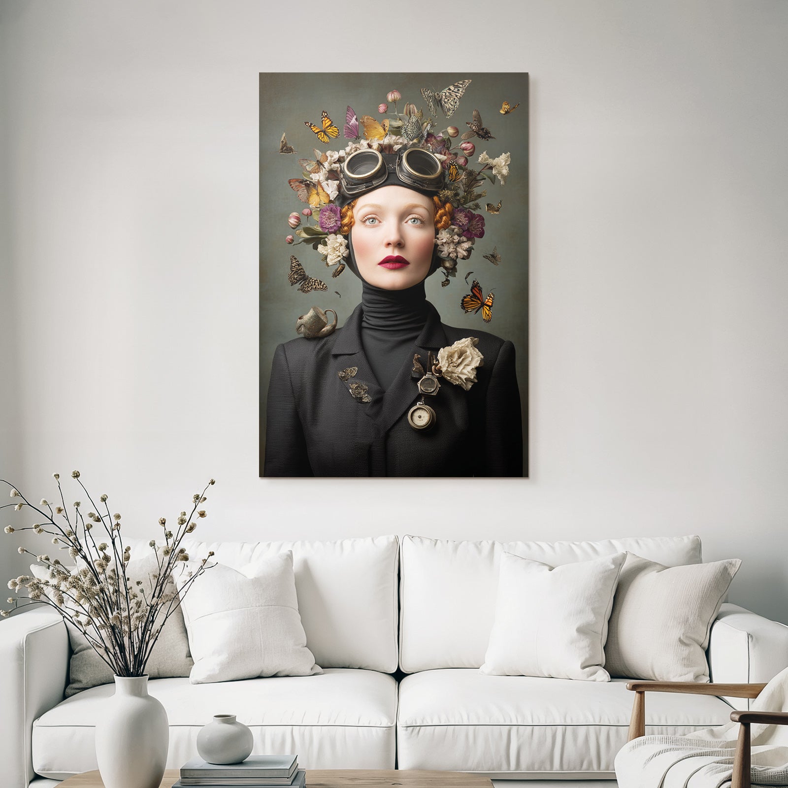 Kreatives Surrealistisches Portrait Von Frau Mit Blumen Headdress Und Flugzeugen