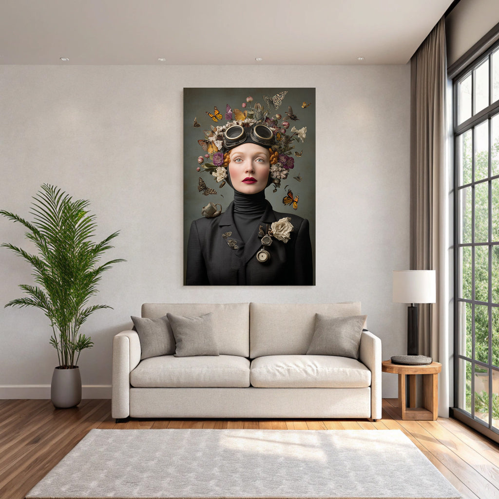 Kreatives Surrealistisches Portrait Von Frau Mit Blumen Headdress Und Flugzeugen