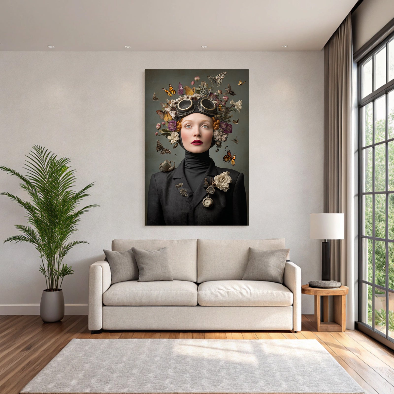 Kreatives Surrealistisches Portrait Von Frau Mit Blumen Headdress Und Flugzeugen