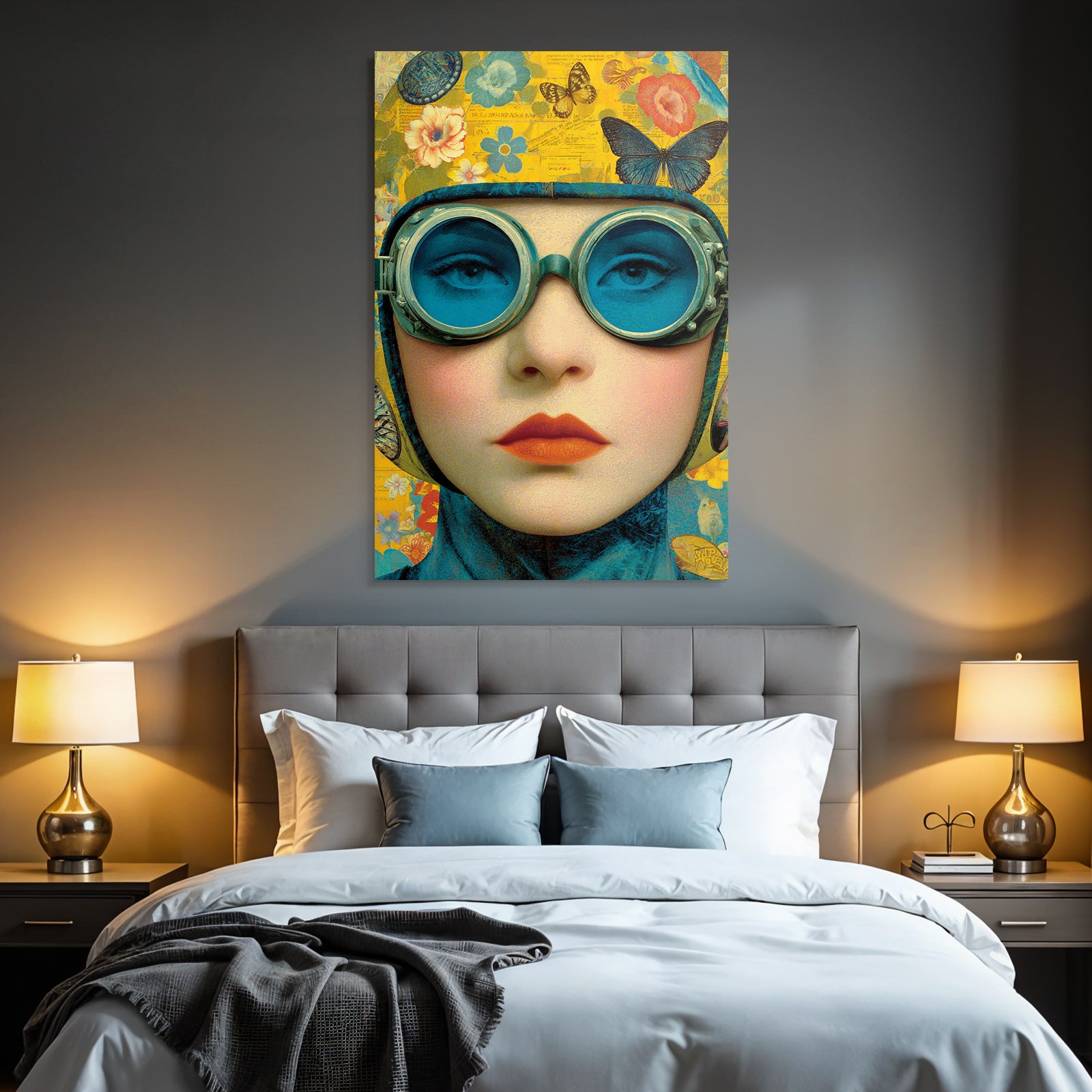 Kuenstlerische Darstellung Von Einer Person Mit Goggles Und Blumen Und Schmetterlingen