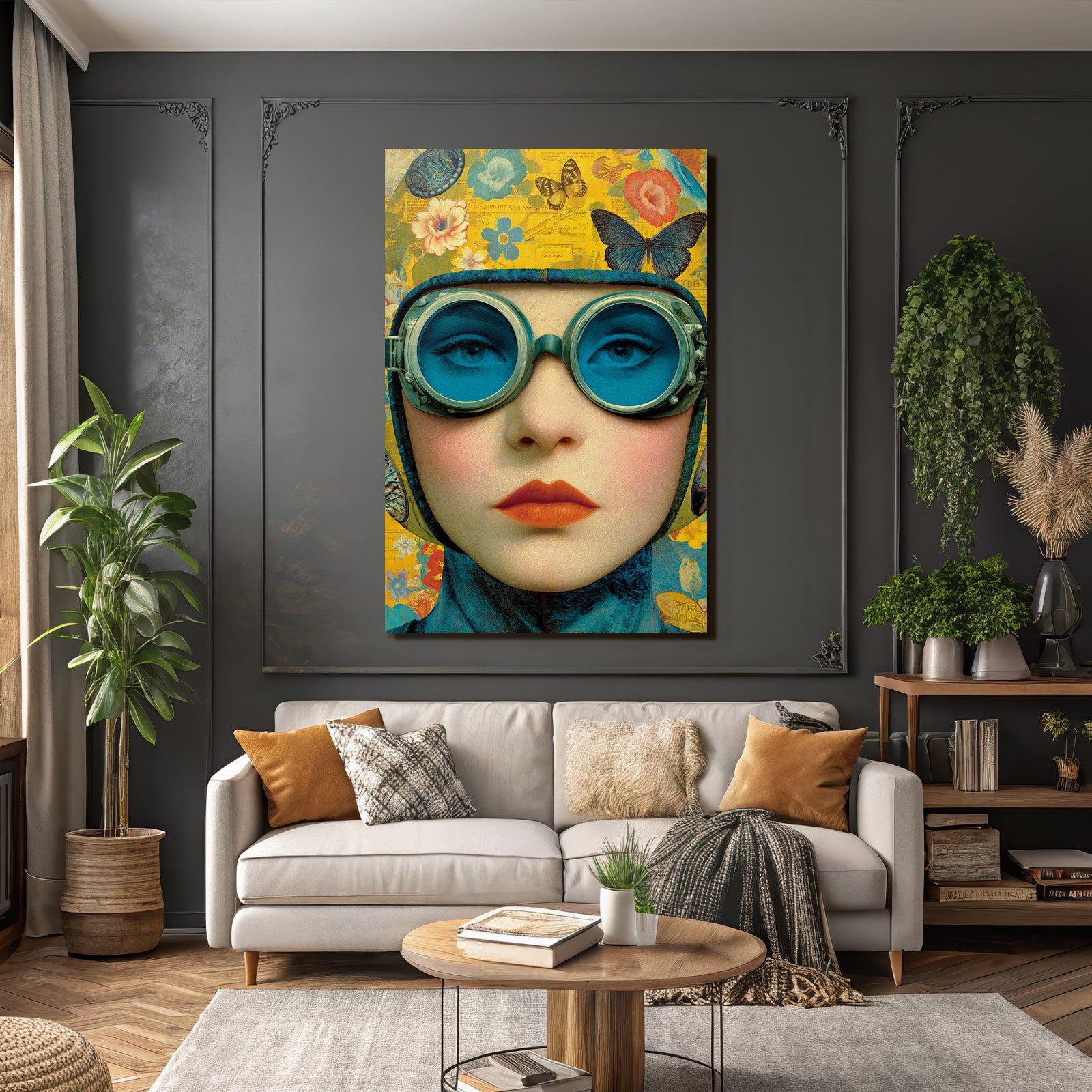 Kuenstlerische Darstellung Von Einer Person Mit Goggles Und Blumen Und Schmetterlingen
