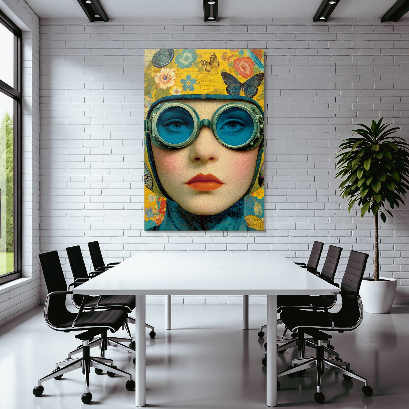 Kuenstlerische Darstellung Von Einer Person Mit Goggles Und Blumen Und Schmetterlingen