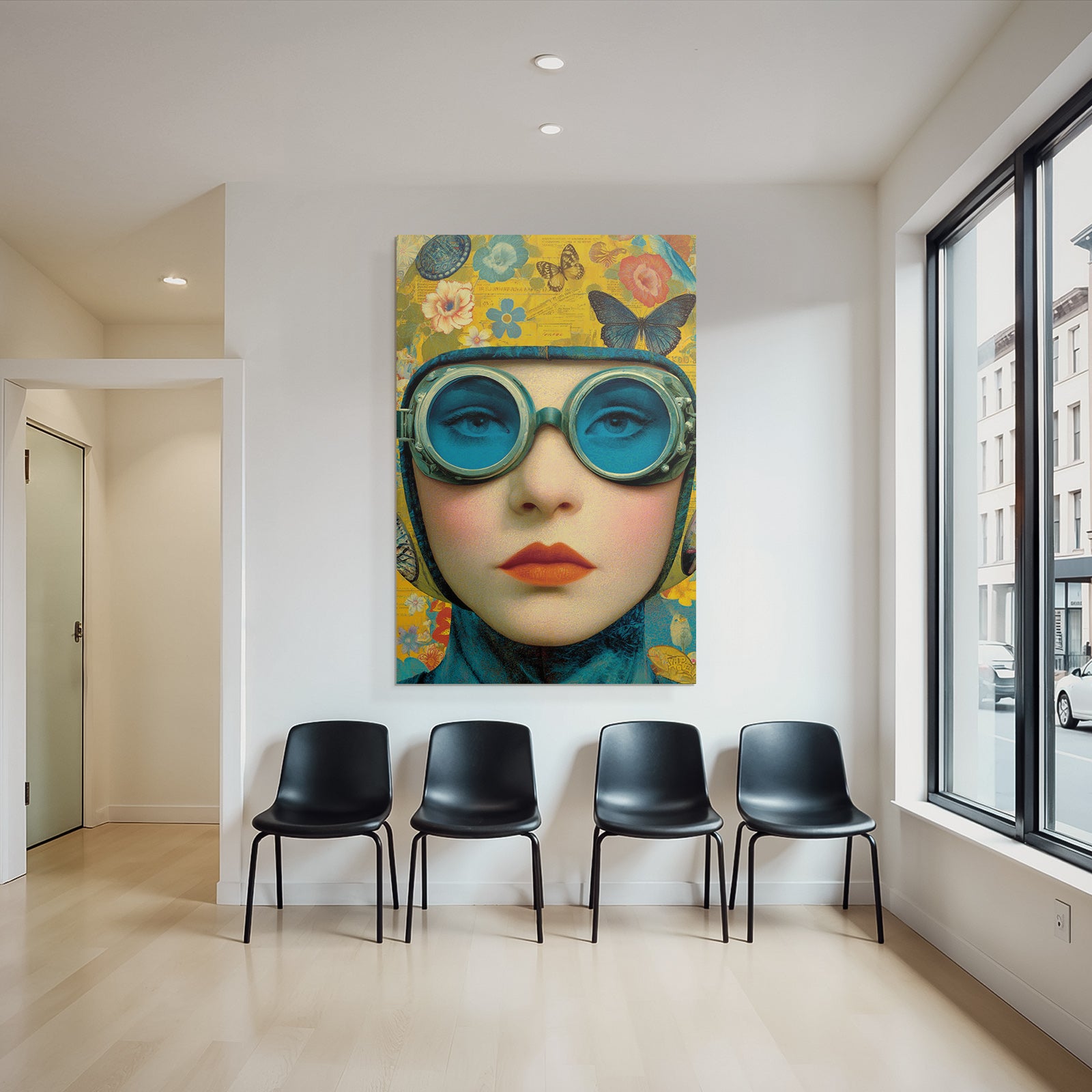 Kuenstlerische Darstellung Von Einer Person Mit Goggles Und Blumen Und Schmetterlingen
