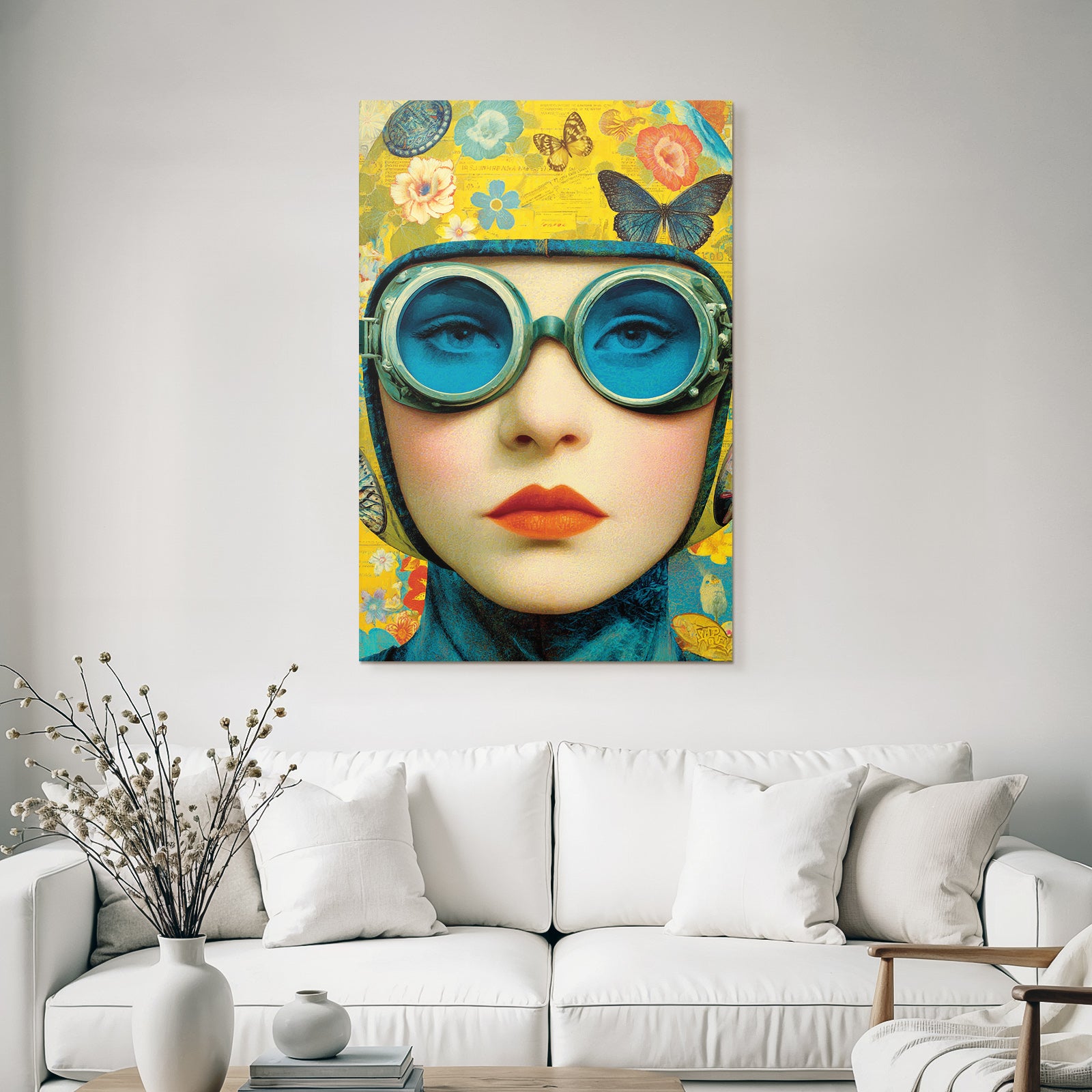 Kuenstlerische Darstellung Von Einer Person Mit Goggles Und Blumen Und Schmetterlingen