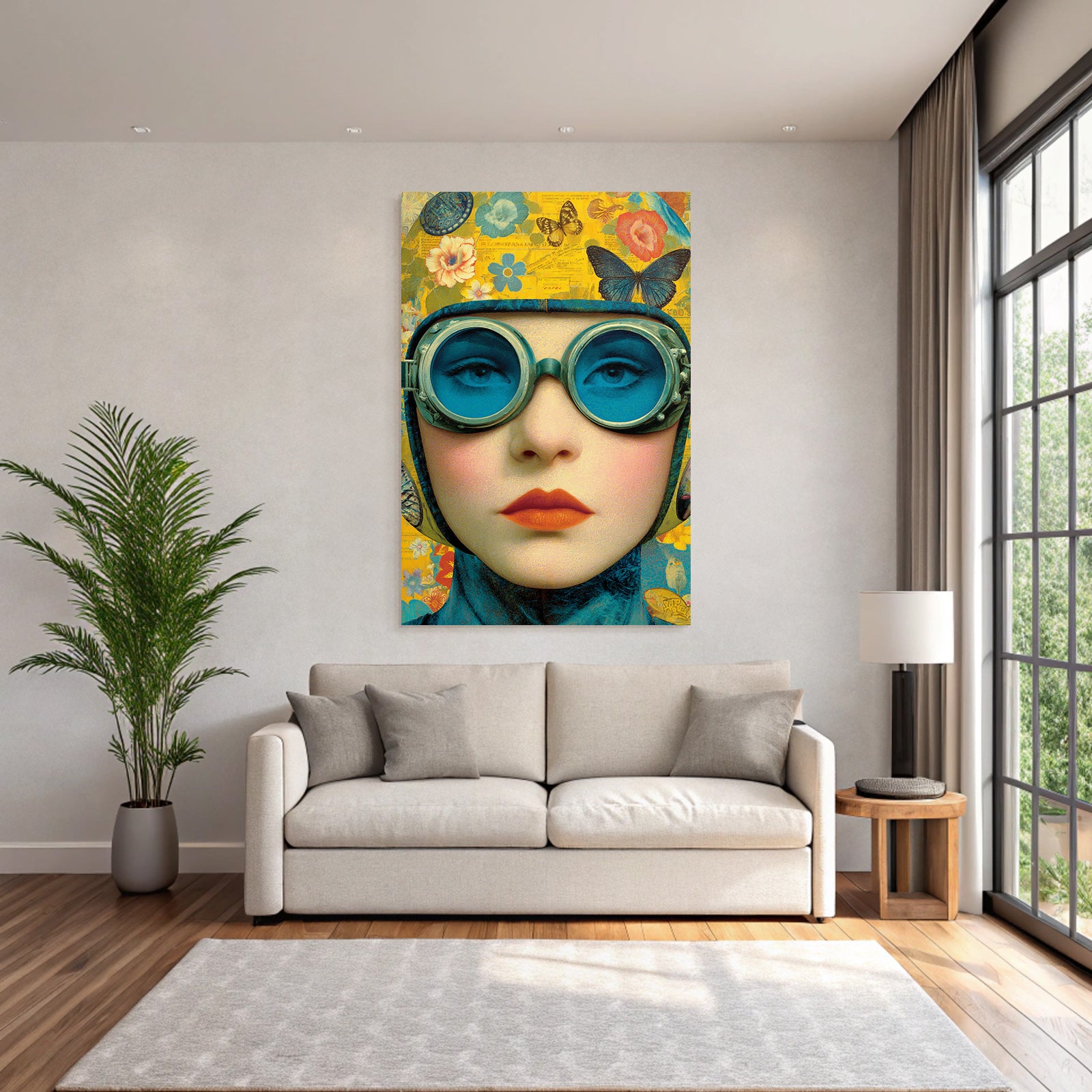 Kuenstlerische Darstellung Von Einer Person Mit Goggles Und Blumen Und Schmetterlingen