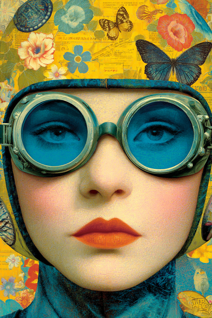 Kuenstlerische Darstellung Von Einer Person Mit Goggles Und Blumen Und Schmetterlingen | Digital Art | Kunstgattungen