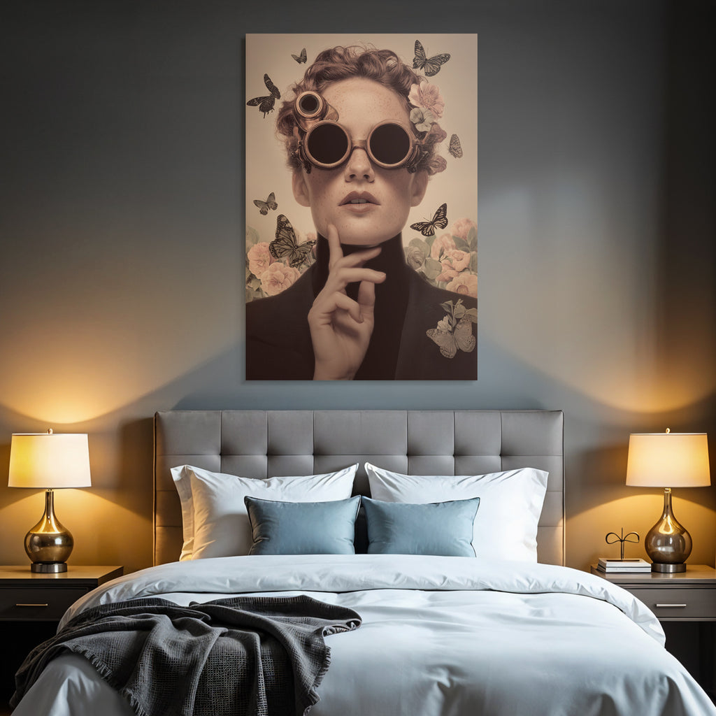 Kuenstlerisches Portraet Der Frau Mit Goggles Und Blumen Im Steampunk Stil