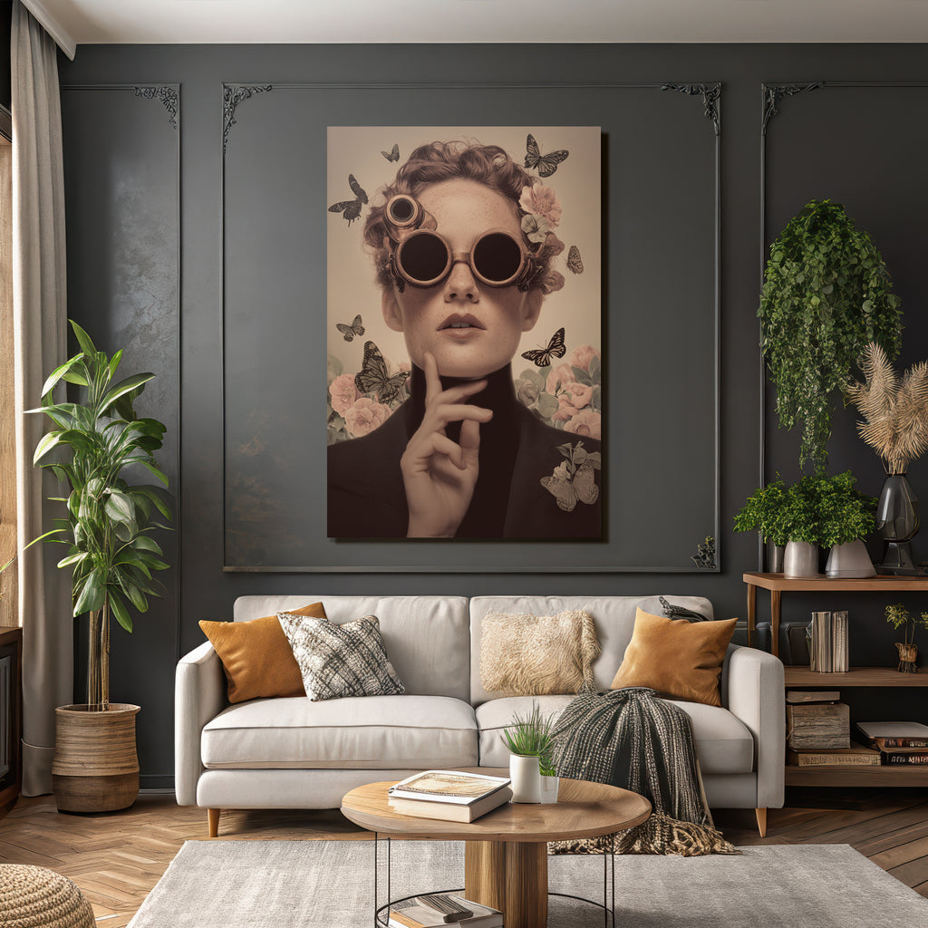 Kuenstlerisches Portraet Der Frau Mit Goggles Und Blumen Im Steampunk Stil