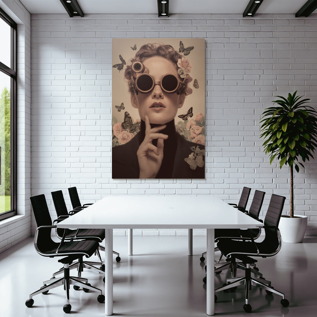 Kuenstlerisches Portraet Der Frau Mit Goggles Und Blumen Im Steampunk Stil