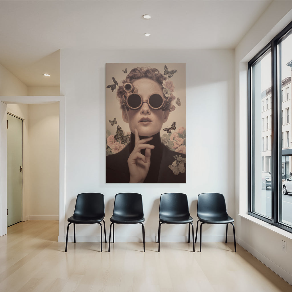 Kuenstlerisches Portraet Der Frau Mit Goggles Und Blumen Im Steampunk Stil