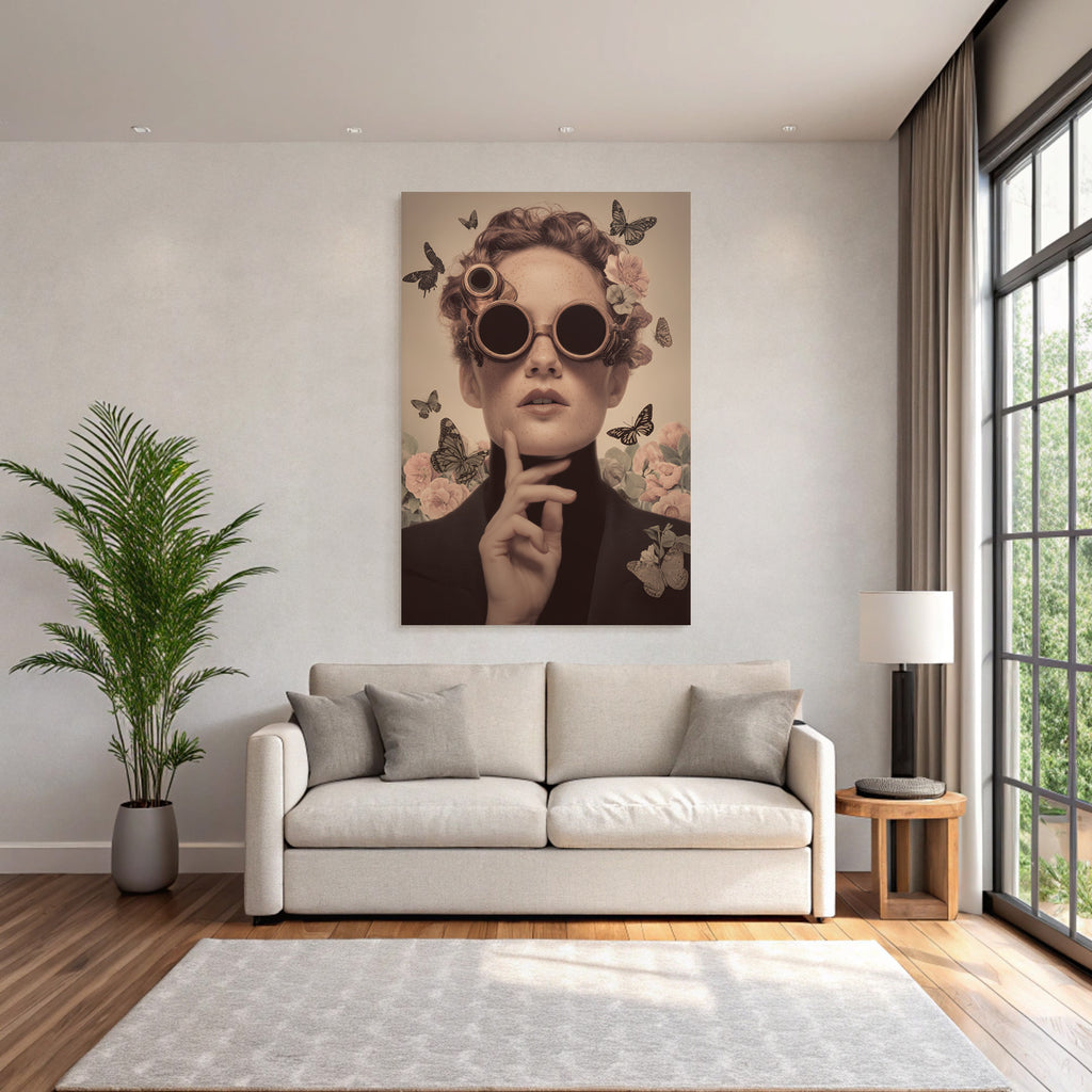 Kuenstlerisches Portraet Der Frau Mit Goggles Und Blumen Im Steampunk Stil
