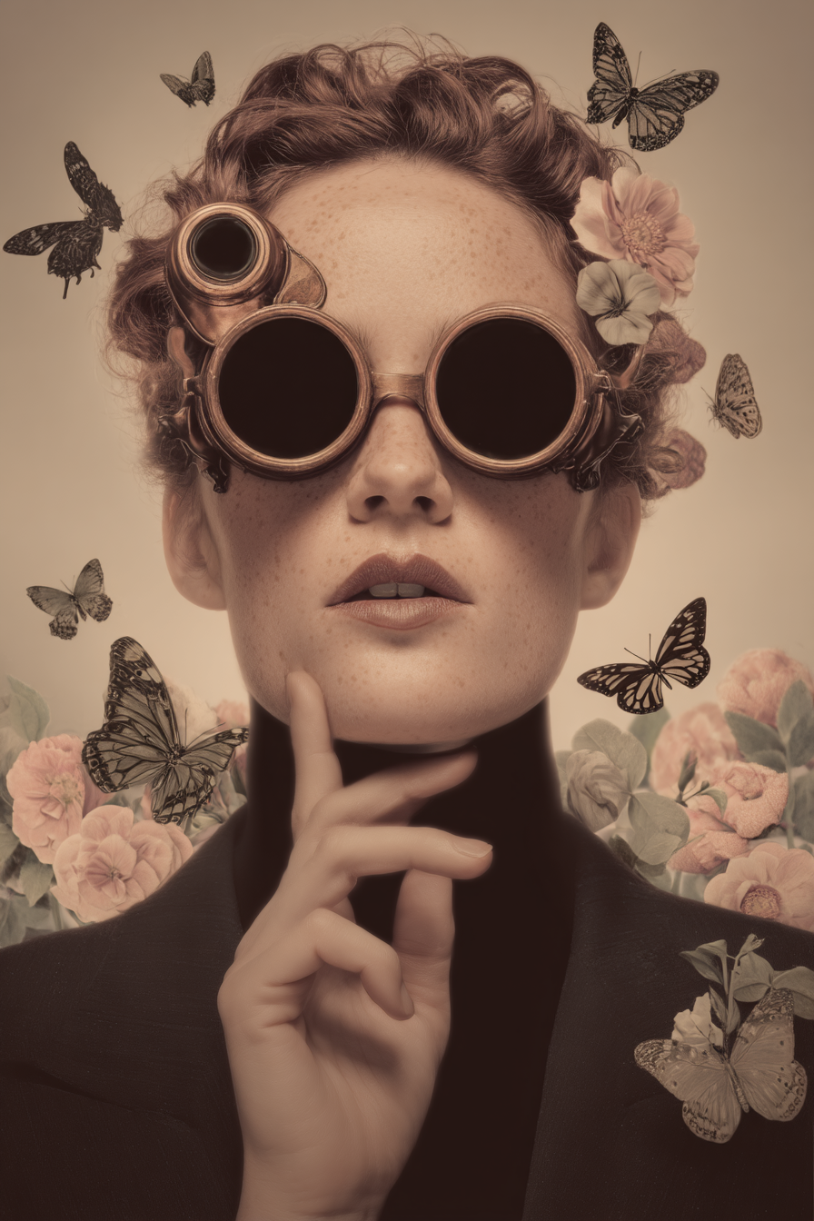 Kuenstlerisches Portraet Der Frau Mit Goggles Und Blumen Im Steampunk Stil | Digital Art | Kunstgattungen