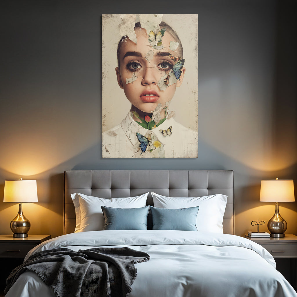 Kuenstlerisches Portrait Mit Blumen Und Schmetterlingen
