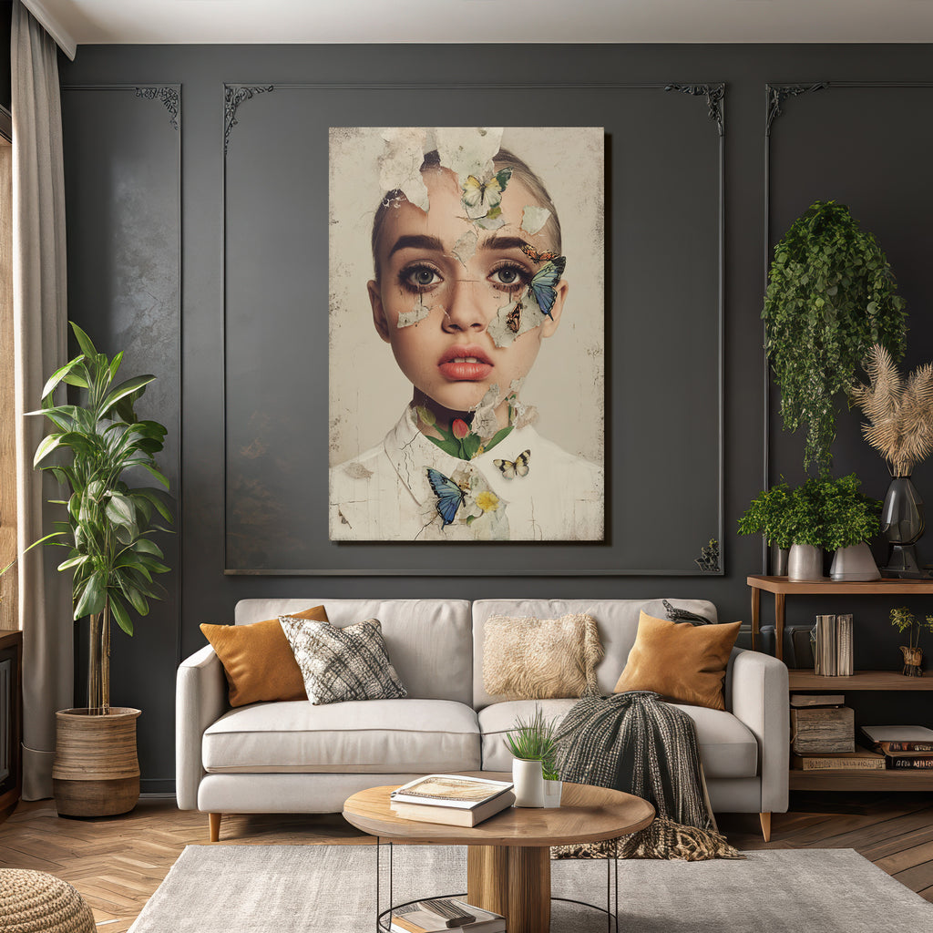 Kuenstlerisches Portrait Mit Blumen Und Schmetterlingen