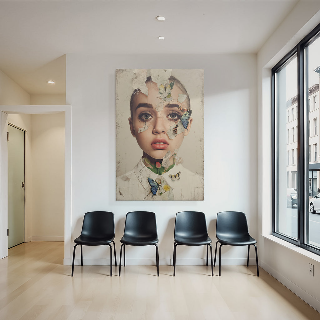 Kuenstlerisches Portrait Mit Blumen Und Schmetterlingen