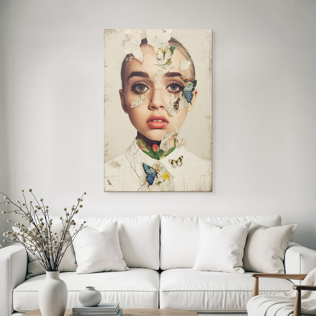 Kuenstlerisches Portrait Mit Blumen Und Schmetterlingen