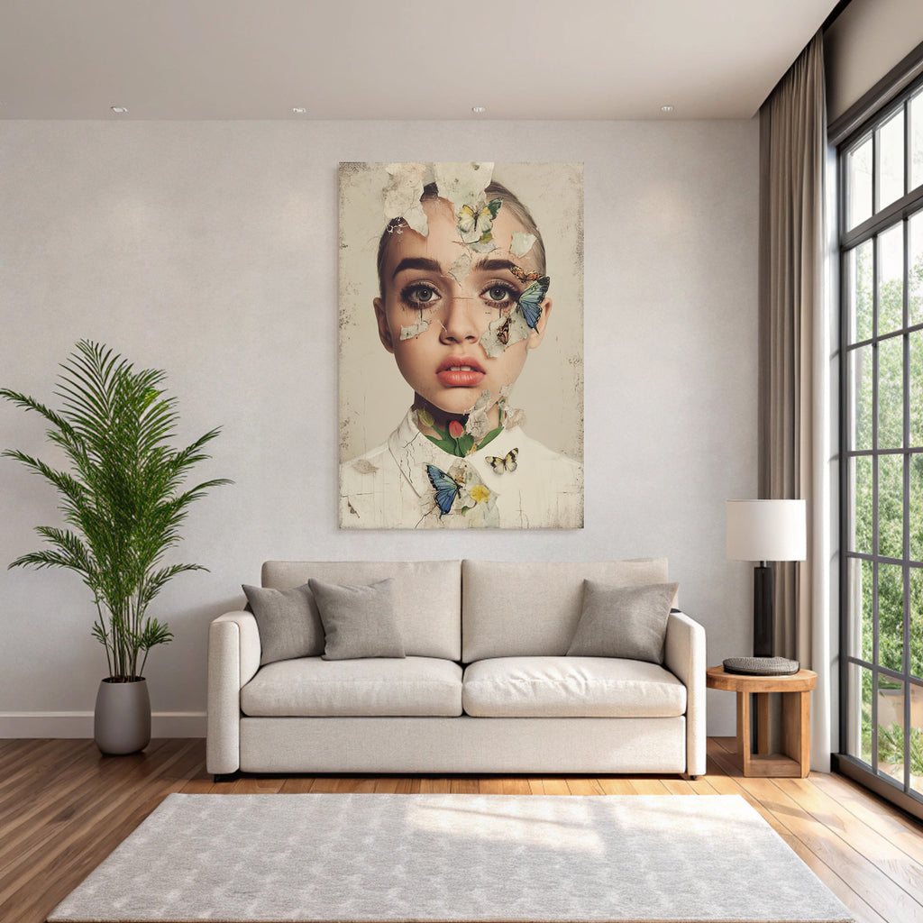 Kuenstlerisches Portrait Mit Blumen Und Schmetterlingen