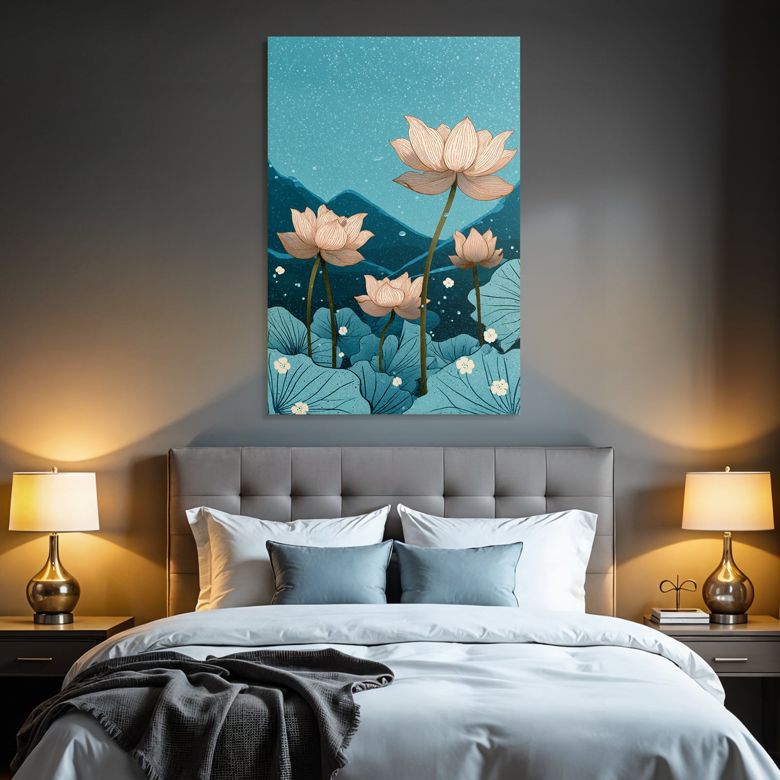 Lotus Blumen In Einer Beruhigenden Blauen Umgebung Mit Bergen Hintergrund