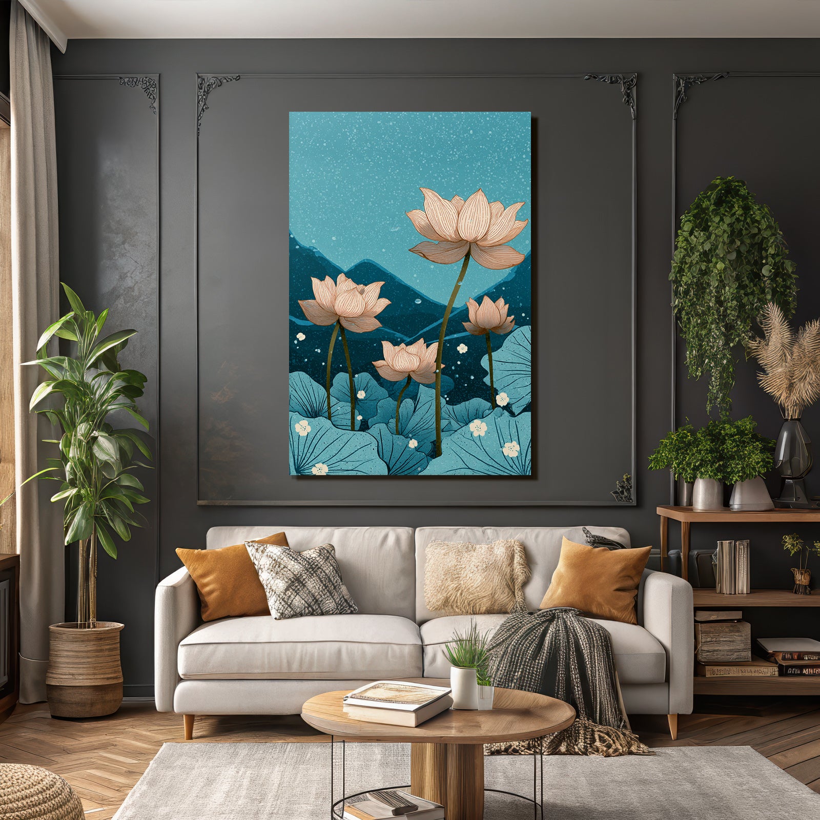 Lotus Blumen In Einer Beruhigenden Blauen Umgebung Mit Bergen Hintergrund