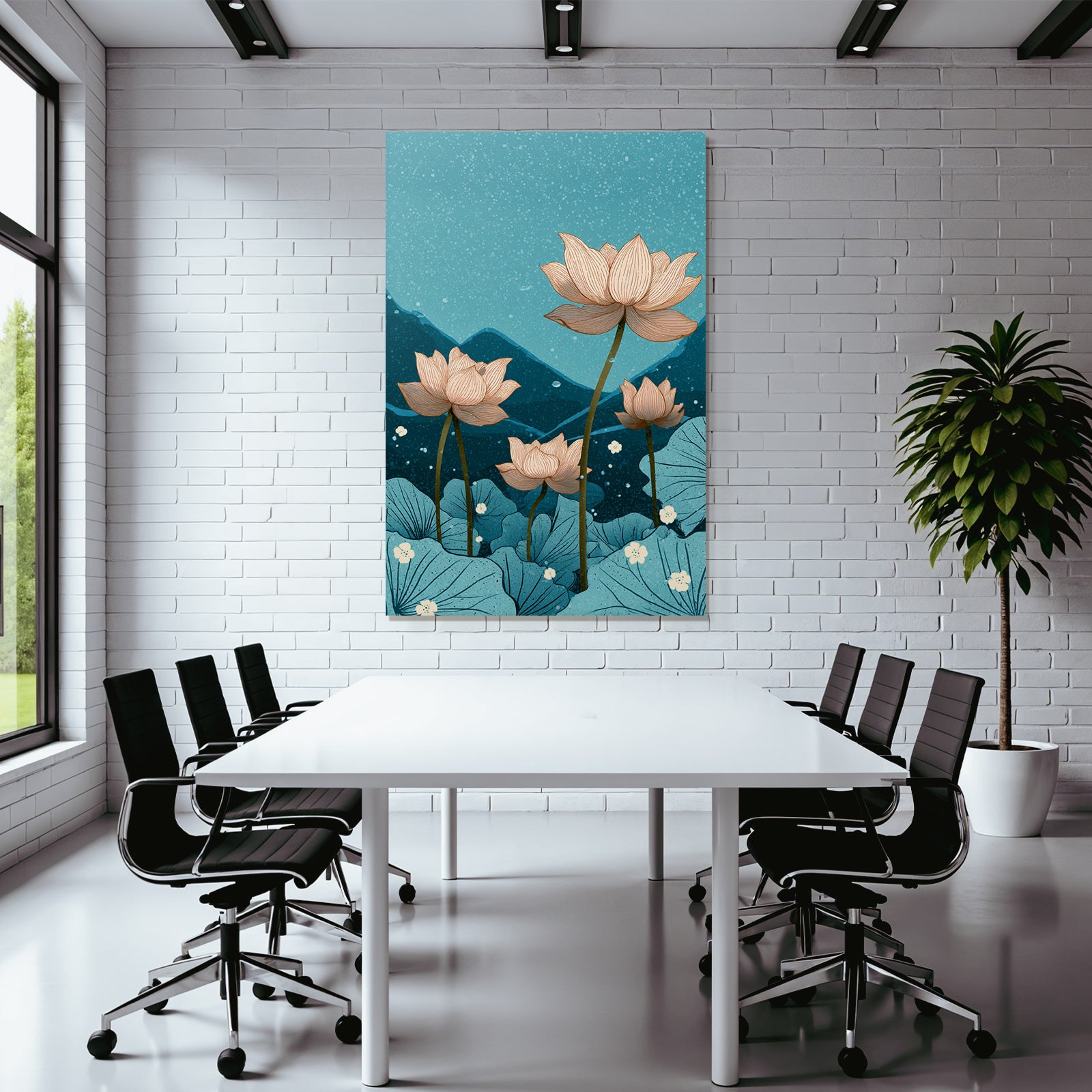 Lotus Blumen In Einer Beruhigenden Blauen Umgebung Mit Bergen Hintergrund