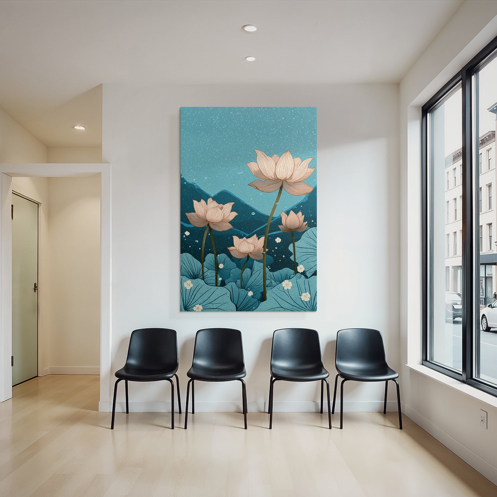 Lotus Blumen In Einer Beruhigenden Blauen Umgebung Mit Bergen Hintergrund