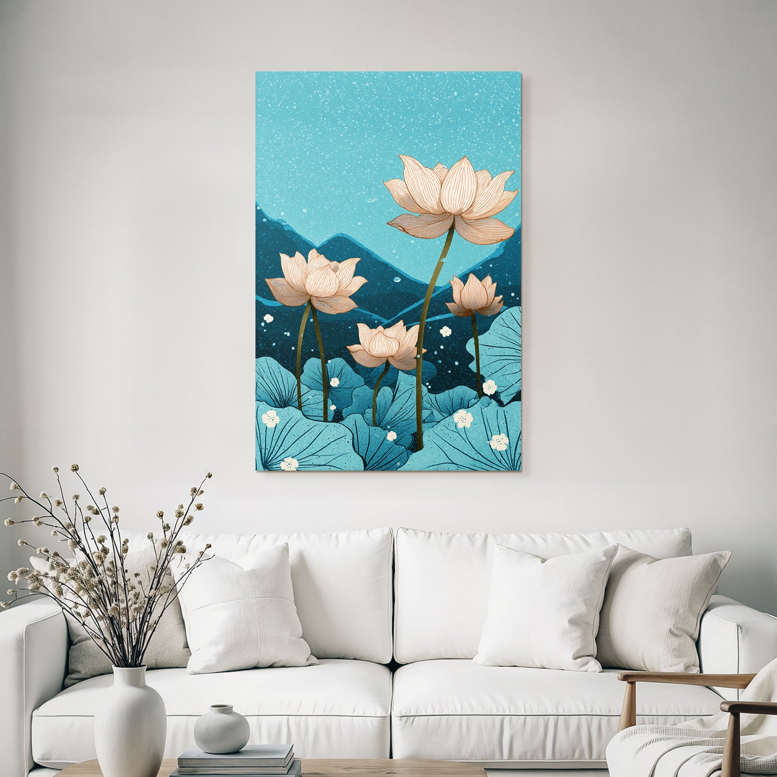 Lotus Blumen In Einer Beruhigenden Blauen Umgebung Mit Bergen Hintergrund