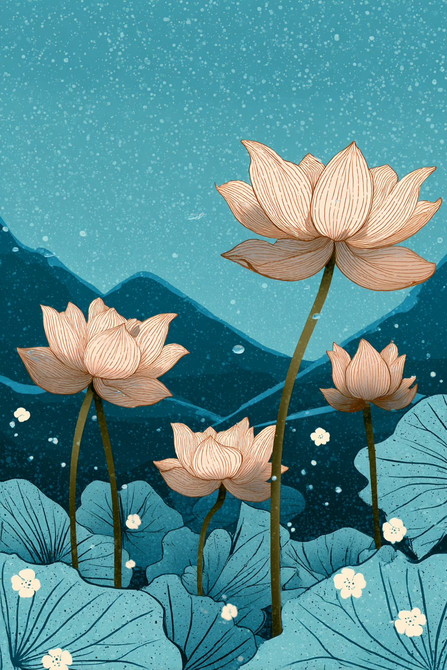 Lotus Blumen In Einer Beruhigenden Blauen Umgebung Mit Bergen Hintergrund | Digital Art | Kunstgattungen