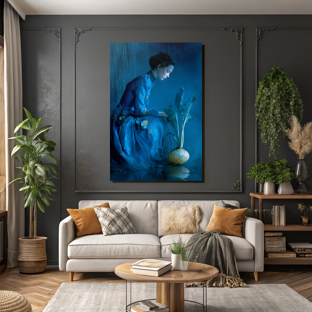 Maedchen In Blauem Kleid Neben Gelbem Gemuese Mit Butterfly