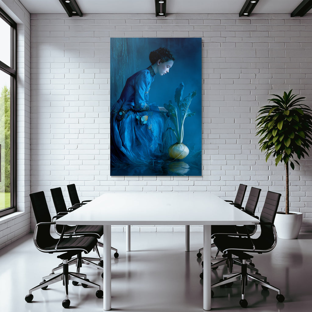 Maedchen In Blauem Kleid Neben Gelbem Gemuese Mit Butterfly