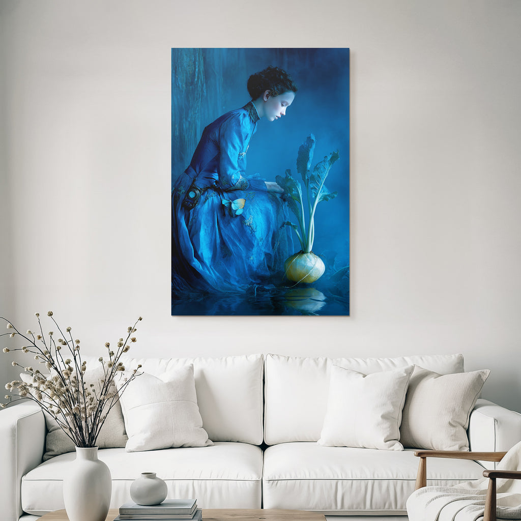 Maedchen In Blauem Kleid Neben Gelbem Gemuese Mit Butterfly