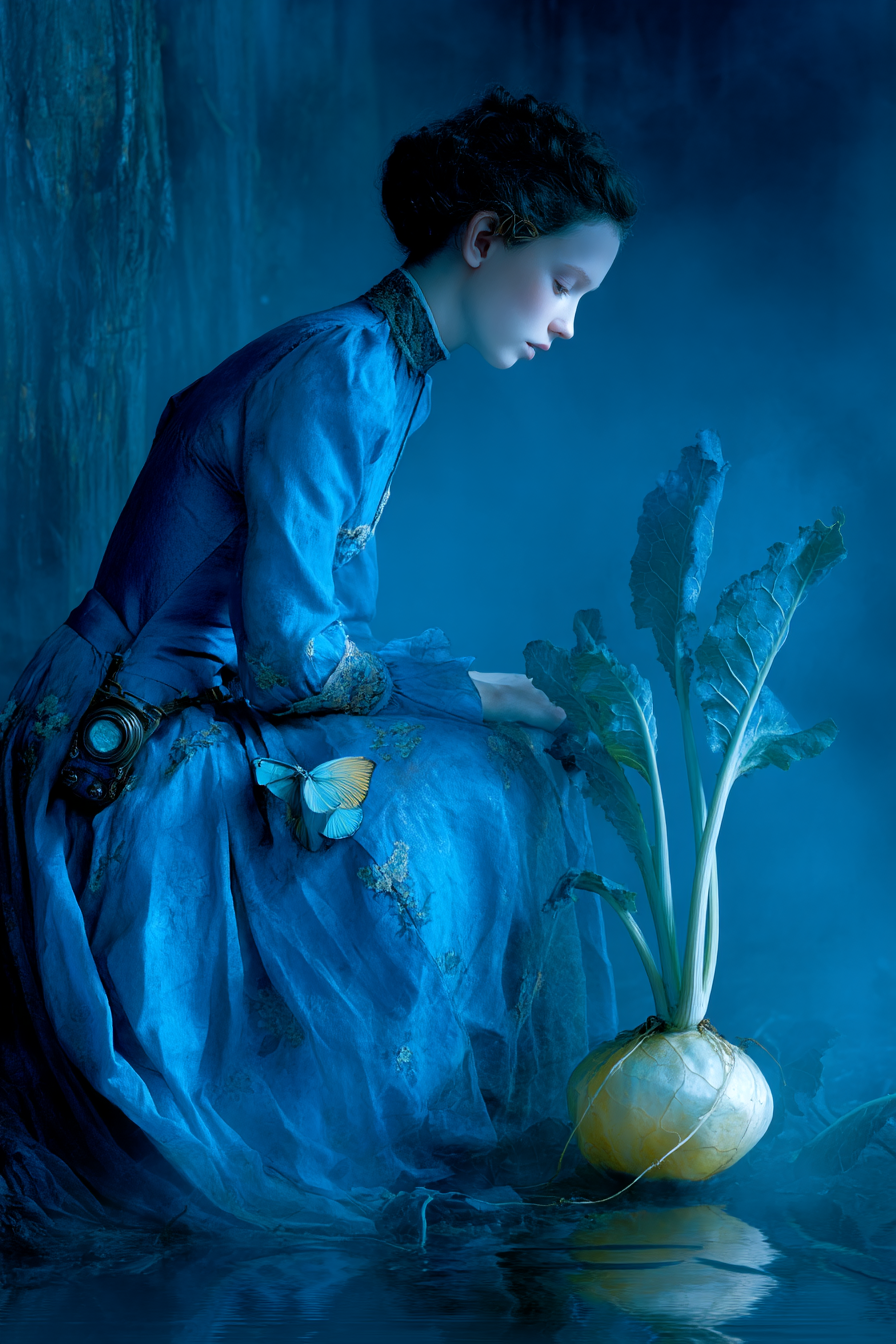 Maedchen In Blauem Kleid Neben Gelbem Gemuese Mit Butterfly | Digital Art | Kunstgattungen